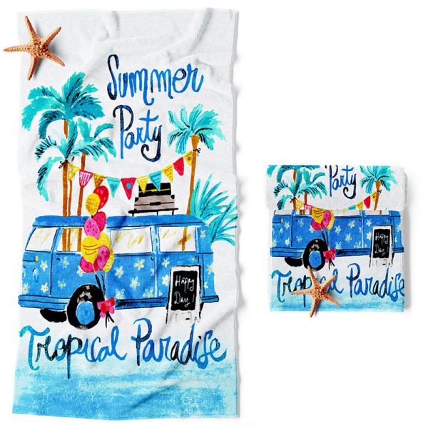 Ręcznik plażowy przedstawiający letnią imprezę w autobusie