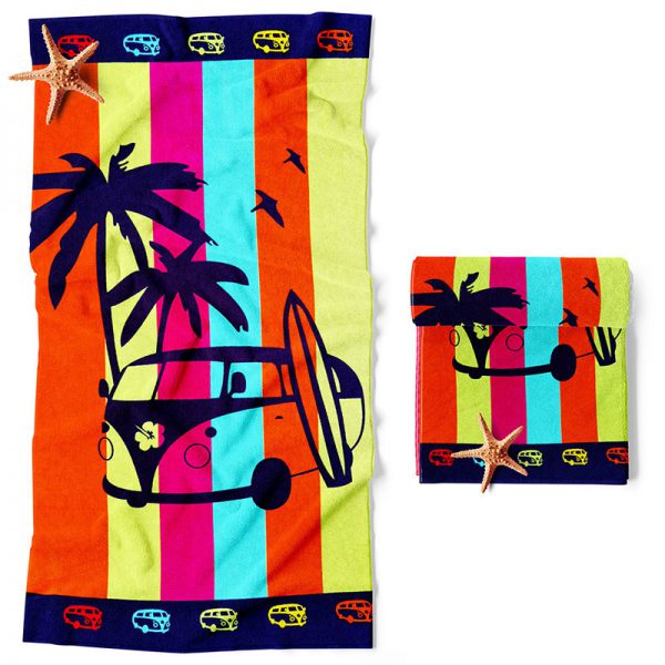 Ręcznik w kolorowe paski z autobusem i palmą