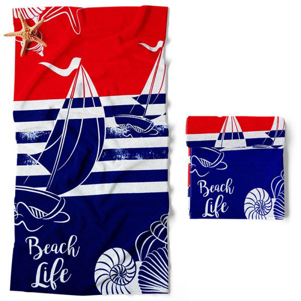 Ręcznik w odcieniach czerwieni, granatu oraz bieli z motywem morza, łódki, muszli
